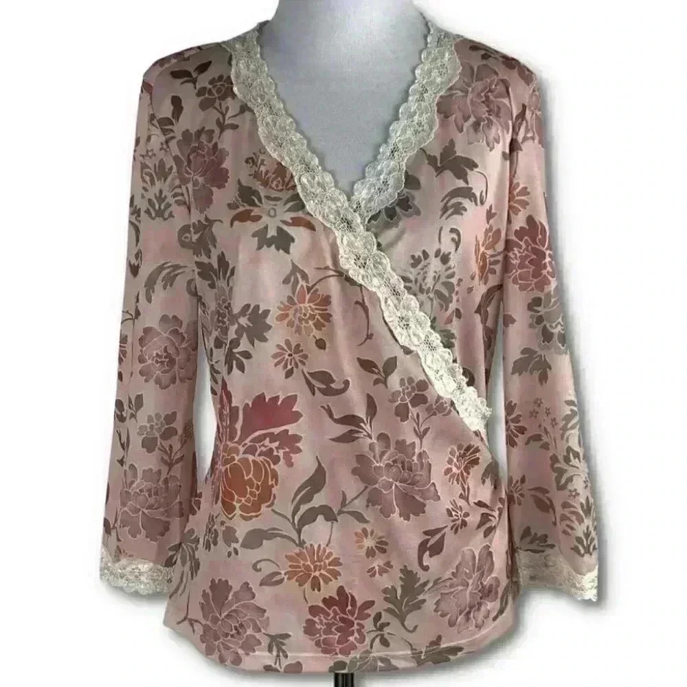 Nine West top sz large multicolored floral faux wrap 3/4 sleeve 90s Y2k vintage